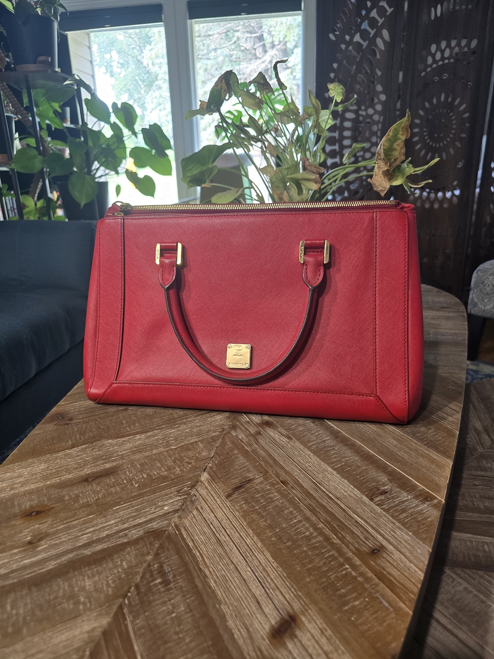 MCM Red Saffiano Leather 2-Way Satchel Bag - Like New!